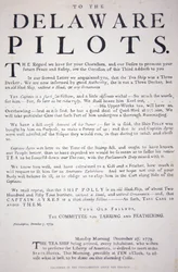 Fac-similé de la proclamation des patriotes de Philadelphie aux pilotes du Delaware les avertissant de ne pas traiter avec le navire de thé britannique, 7 décembre 1773