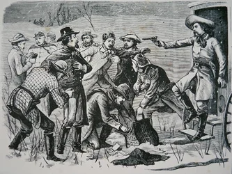 Quatre bandits maîtrisent et pillent deux officiers et sept soldats près de Bismarck, Territoire du Dakota, du 
