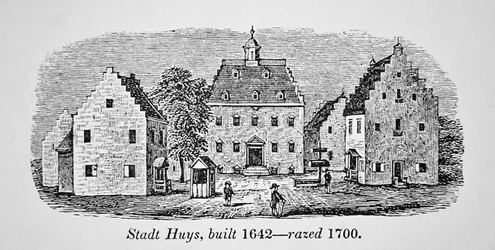 Le Stadt Huys néerlandais, New Amsterdam (New York), construit en 1642 et rasé en 1700