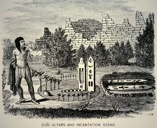 Tribal Zuni soufflant du pollen sur un sanctuaire Pueblo