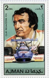Timbre des Émirats représentant le pilote de voiture suisse Clay Regazzoni (né en 1939)