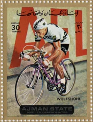 Timbre des Émirats représentant le cycliste Rolf Wolfshohl (né en 1938)