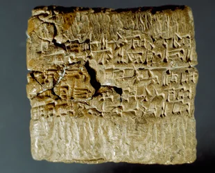Civilisation assyrienne : boîte gravée de caractères cunéiformes concernant la production de deux mines d