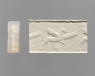 Sceau-cylindre et impression moderne: cheval ailé avec griffes et cornes, c.14e-13e siècle av. J.-C. (calcédoine)
