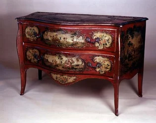 Commode peinte, avec des figures dans un paysage et des bouquets de fleurs