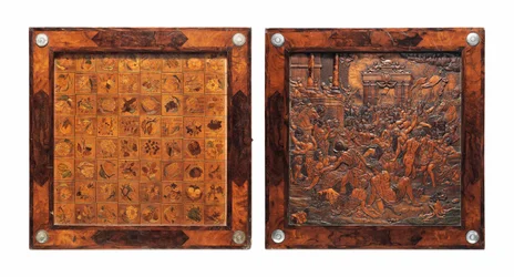 Boîte de jeux pliante en marqueterie de bois fruitier et noyer, montée en argent bohémien