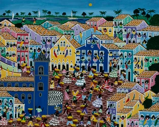 Peinture naïve représentant un marché, État de Bahia, Brésil