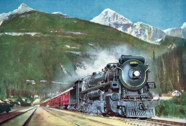 Chemin de fer Canadien Pacifique au pied des montagnes Rocheuses