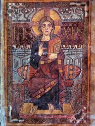 Art carolingien : Christ en majesté (en gloire). Miniature du manuscrit Évangéliaire de Godescalc, École du Palais de Charlemagne (folio 3) copie par Godescalc du trésor de Saint-Sernin de Toulouse, Bibliothèque du Louvre, 781-783. BN, Paris
