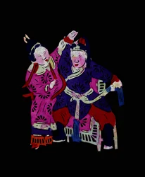 Un couple pratiquant un art martial. Papier peint ou "Jian Zhi", art populaire chinois, Leonard de Selva, Chine, 2006.