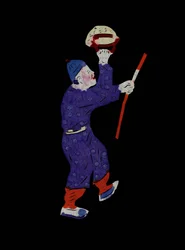 Personnage de la vie quotidienne, portant un panier et un bâton. Découpage de papier peint ou "Jian Zhi", art populaire chinois, Pékin.