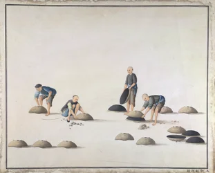 Fermez les moitiés du moule et examinez le moule, fabrication de fonte en Chine, c.1820