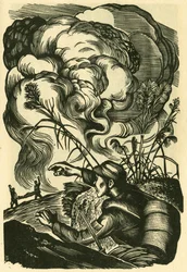 Camarade, tous ensemble, scène de guerre de Liu Lun. Gravure sur bois, dans "Woodcuts of war-time China 1937-1945", Shanghai