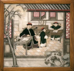 Plaque de marbre décorative représentant des lettres dans leur cabinet. Marbre peint, Dynastie Qing (1644-1911), art chinois. Musée d