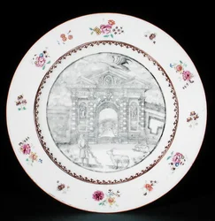 Assiette décorée en grisaille avec des émaux famille rose représentant Jacob Bobart (1599-1680) avec une chèvre et un chien, période Qianlong (1736-95)
