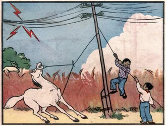 Dessin avertissant du danger des poteaux électriques, les enfants ne doivent pas y attacher d
