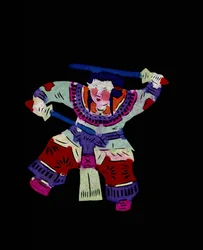 Personnage féminin pratiquant un art martial avec deux balançoires. Découpage de papier peint ou "Jian Zhi", art populaire chinois, Pékin.