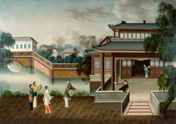 Figures approchant un manoir au bord de la rivière, vers 1800