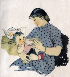 Maman donnant le biberon à son bébé. Illustration, dans "Comment mieux nourrir nos enfants", Edition Le Journal de la Santé, Pekin