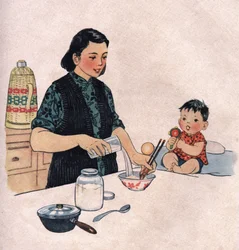 Mom preparing a baby meal. Illustration, in “Comment mieux nourish nos enfants”, Edition Le Journal de la Sante, Pekin