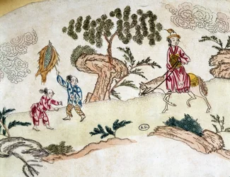 Noble femme à cheval et enfants jouant au cerf-volant - Estampe chinoise, vers 1800