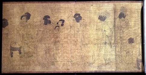 Dames du palais à loisir, rouleau de main, (détail) après un original de Wen-chu Chou (fl.970) période Southern Sung, c.1140