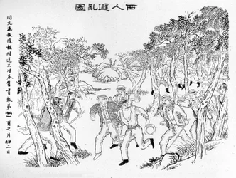 Révolte des Boxers : Les Européens fuyant face aux Boxers. Illustration publiée dans le Journal de Shanghai Toung-Ouen-Hou-Pao. Environ 1899