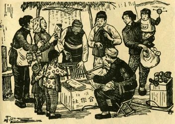 Le marchand ambulant de Hsia Feng, marchand ambulant de la campagne. Gravure sur bois, dans "Woodcuts of war-time China 1937-1945", Shanghai