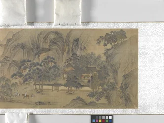 Voyageurs dans un village au bord de la rivière, date inconnue (encre et couleur sur soie)