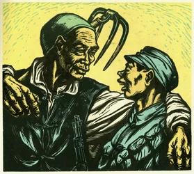 Deux générations de Li Hwa, un vieux paysan et un jeune soldat. Gravure sur bois, dans "Woodcuts of war-time China 1937-1945", Shanghai