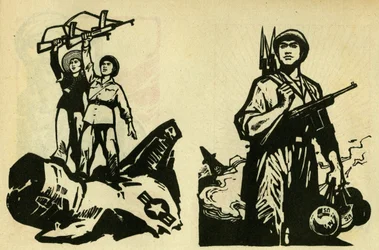 Communistes vietnamiens vainqueurs des Etats-Unis. Illustration de propagande, dans "Manuel pour bien dessiner", Pékin