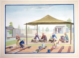 Ouvriers appliquant les glaçures, vers 1825 (gouache sur papier)