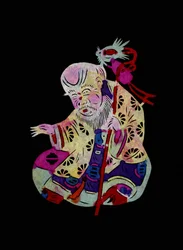 Yaowang Dian, dieu taoïste de la médecine. Découpage de papier peint ou "Jian Zhi", art populaire chinois, Pékin.