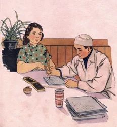Young future mom visiting her doctor. Illustration, in “Comment mieux nourish nos enfants”, Edition Le Journal de la Sante, Pekin