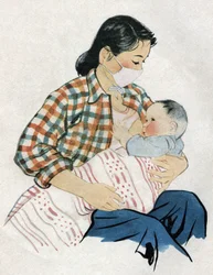 Jeune maman allaitant son bébé. Illustration, dans "Comment mieux nourrir nos enfants", Edition Le Journal de la Santé, Pekin