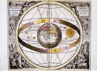 Système ptolémaïque, géocentrique, centré sur la Terre, montrant la position du Soleil, de la Lune et des planètes, extrait de "Harmonia Macrocosmica" d
