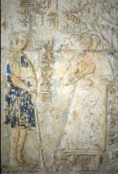 Égypte ancienne, Sculpture/peinture murale, Tombe de Petosiris, Tuna el-Gebel, 300 av. J.-C., Petosiris et sa femme