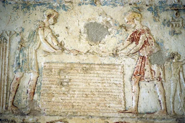 Égypte ancienne, sculpture/peinture murale, Tombe de Petosiris, Tuna el Gebel, 300 av. J.-C., La récolte du lin