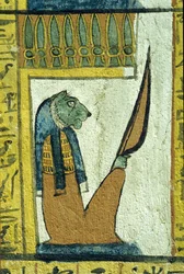 Égypte ancienne, Peinture murale, Dieu à tête de lion du monde souterrain, Tombe de Sennedjem, Thèbes, Deir el-Médina