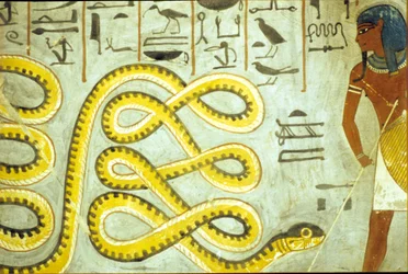 Égypte ancienne, peinture murale, Tombe de Ramsès Ier, Vallée des rois, Ramsès Ier tuant le serpent Dieu des enfers
