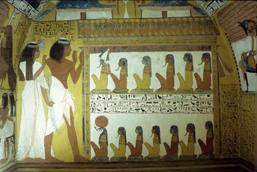 Égypte ancienne, peinture murale, Tombeau de Sennedjem, Mur, Sennedjem et sa femme adorent les dieux de l