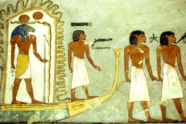 Égypte ancienne, Peinture/sculpture murale, Voyage à travers le monde souterrain, bateau tiré par des hommes, Tombe de Ramsès I, Thèbes
