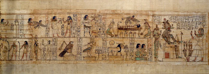 Art égyptien ancien Papyrus mythologique de Serimen. En haut : Serimen aime le dieu Osiris représenté par son emblème dans la ville d