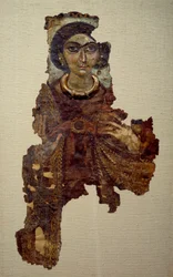 Art copte : linceul de femme appelée dame avec la croix ansée. Peinture sur toile de lin (4e siècle après J.-C.) Antinoé.