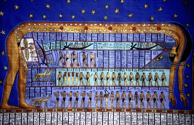 Cosmos égyptien, déesse Nout se pliant pour former le ciel (papyrus)