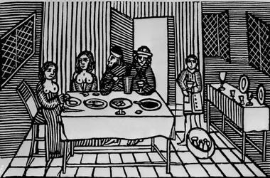 Une maison de prostitution élisabéthaine (gravure sur bois) (photo n/b)