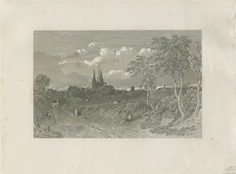 Cathédrale de Lichfield - Vue ouest (lointaine) : gravure, nd [?18e siècle] (impression)