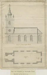 Église de Marchington - Élévation extérieure et plan intérieur: dessin à la plume, nd [?milieu 18e siècle]