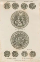 Tutbury - Plaque de pièces médiévales : gravure, nd [c 1832] (impression)