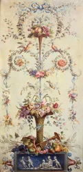Une trompette de fleurs et de fruits décorée de guirlandes de fleurs